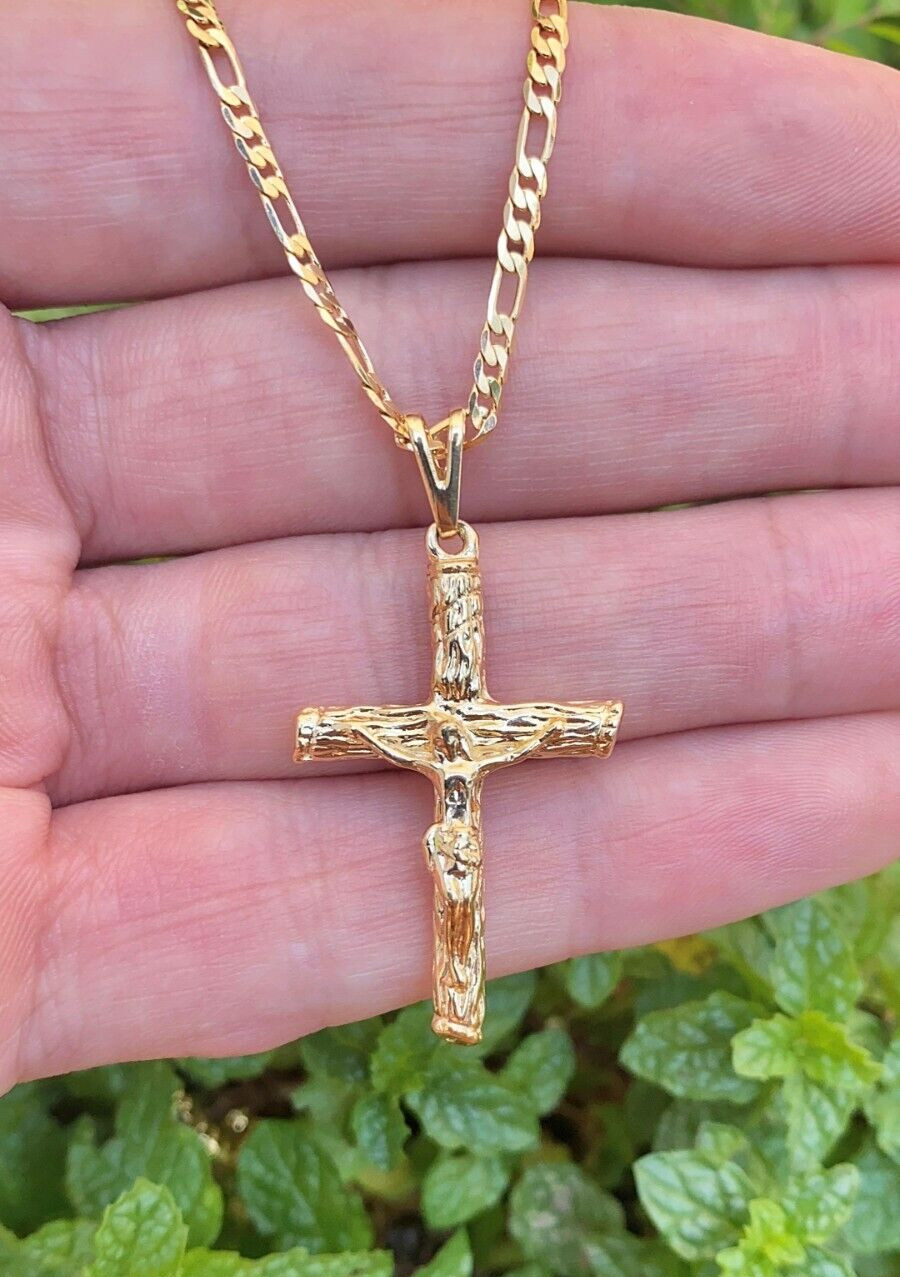 14K Gold Filled Cross Necklace CZ Figaro Chain Mens Womens Crucifix Cadena Cruz