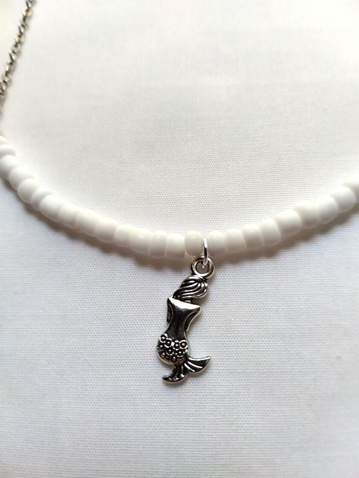 Silver Tone Mermaid Charm White Glass Bead Necklace Handmade Beach Boho Chic