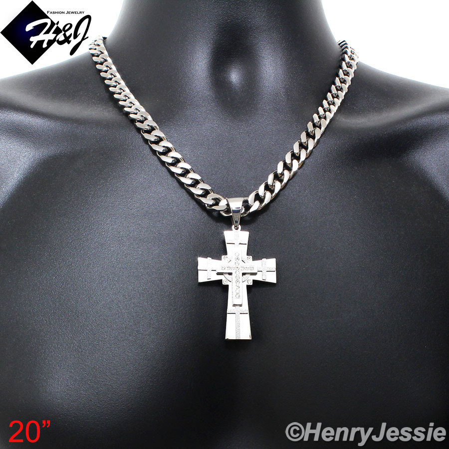 18-40″MEN Stainless Steel 9mm Silver Cuban Curb Chain Bling CZ Cross Pendant*N7