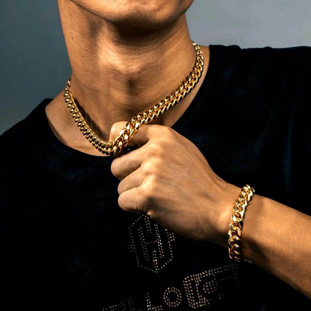6-18mm Hip Hop 18K Gold Tone Stainless Steel Men Miami Cuban Link Chain Necklace