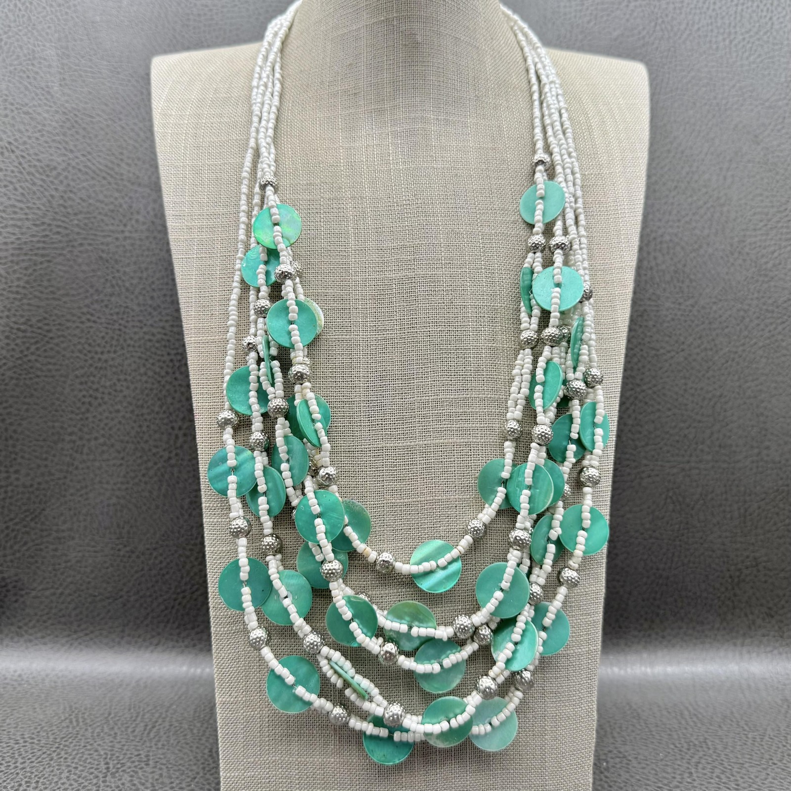 Chicos Necklace White Seed Beads Silver Tone Green Disc Shell Boho Layered 26″