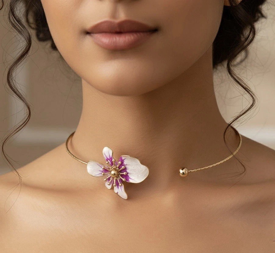 Gold Flower Orchid Necklace Zara Choker Petal Statement Collar Boho Floral VTG