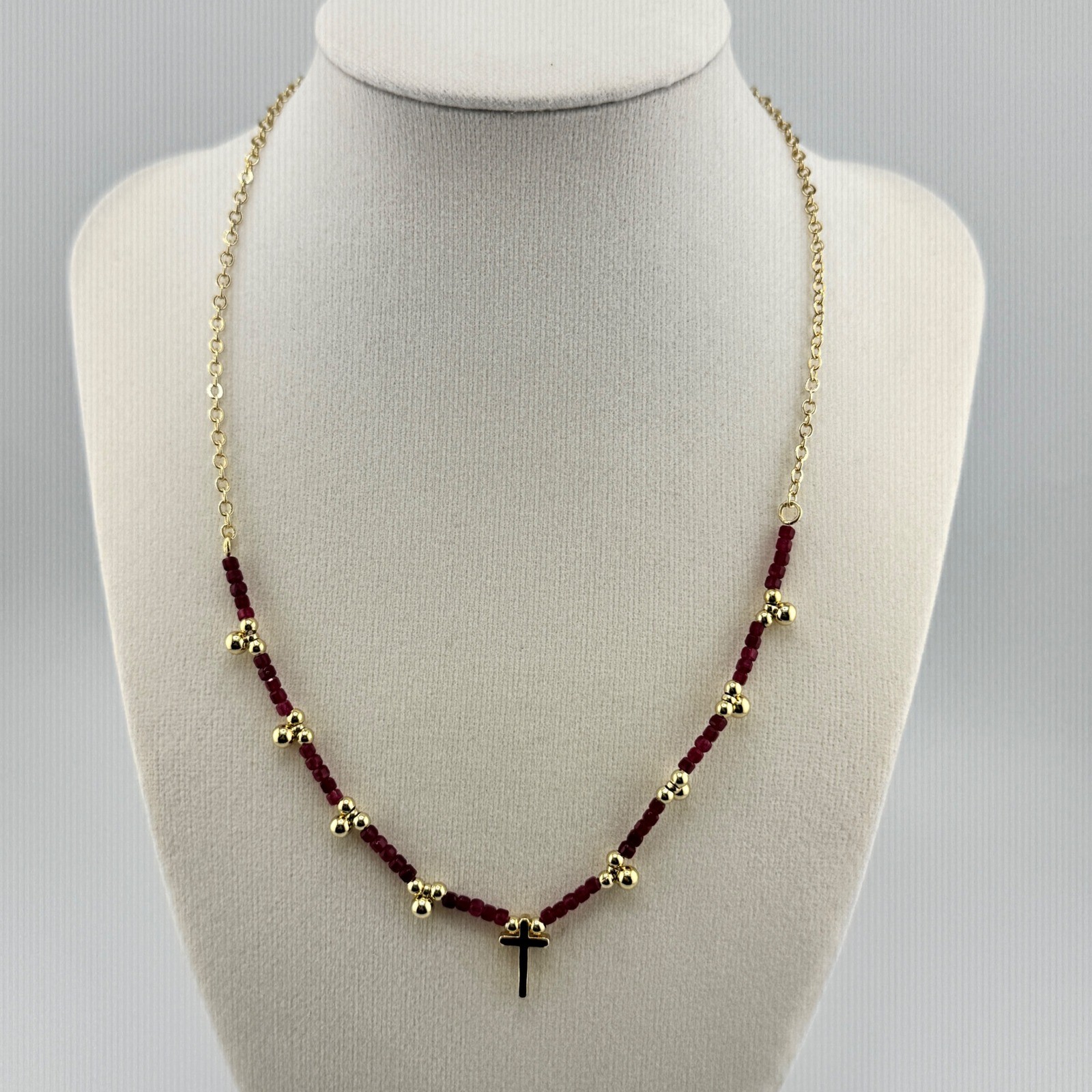 Gold Tone Beaded Cross Necklace Red Faceted Beads Religious Rosary Style Jewelry