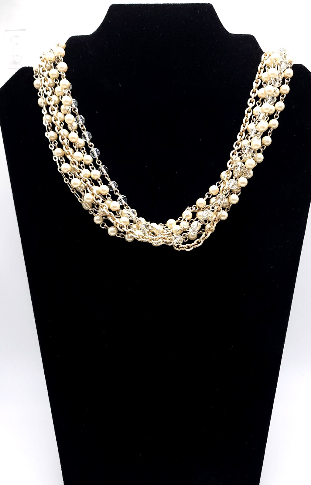 Alan Schwartz Multi Strand Faux Pearl Crystal Necklace Gold Tone Toggle 19in