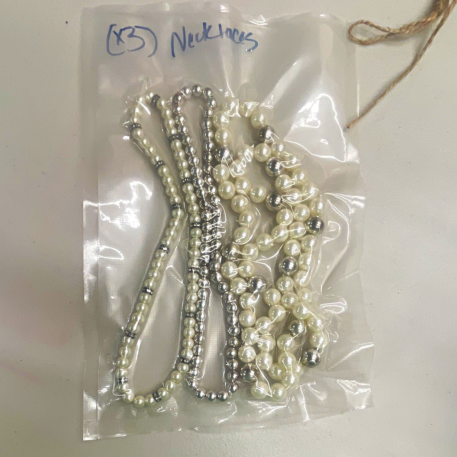 Lot of 3 Beaded Necklaces Simulated White Imitation Pearl Plastic Silver Tone