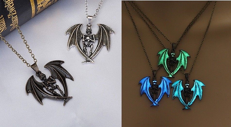 SKELETON with DRAGON WINGS 1-3/8″ Glow in the Dark Pendant 24″ Necklace Luminous