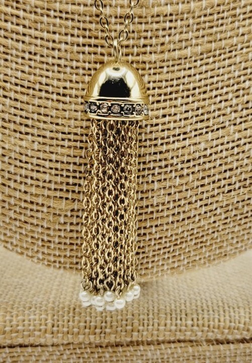 J.Crew Factory Pearl & Crystal Tassel Chain Necklace Goldtone New with Tag