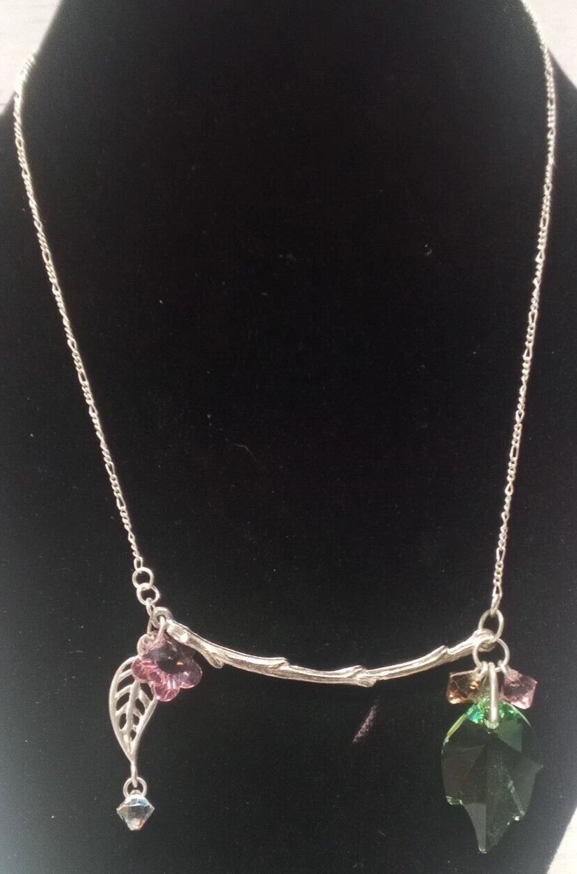 18″ Silver Tone Stamped 925 Green Pink Crystal Glass Flower Leaf Branch Necklace