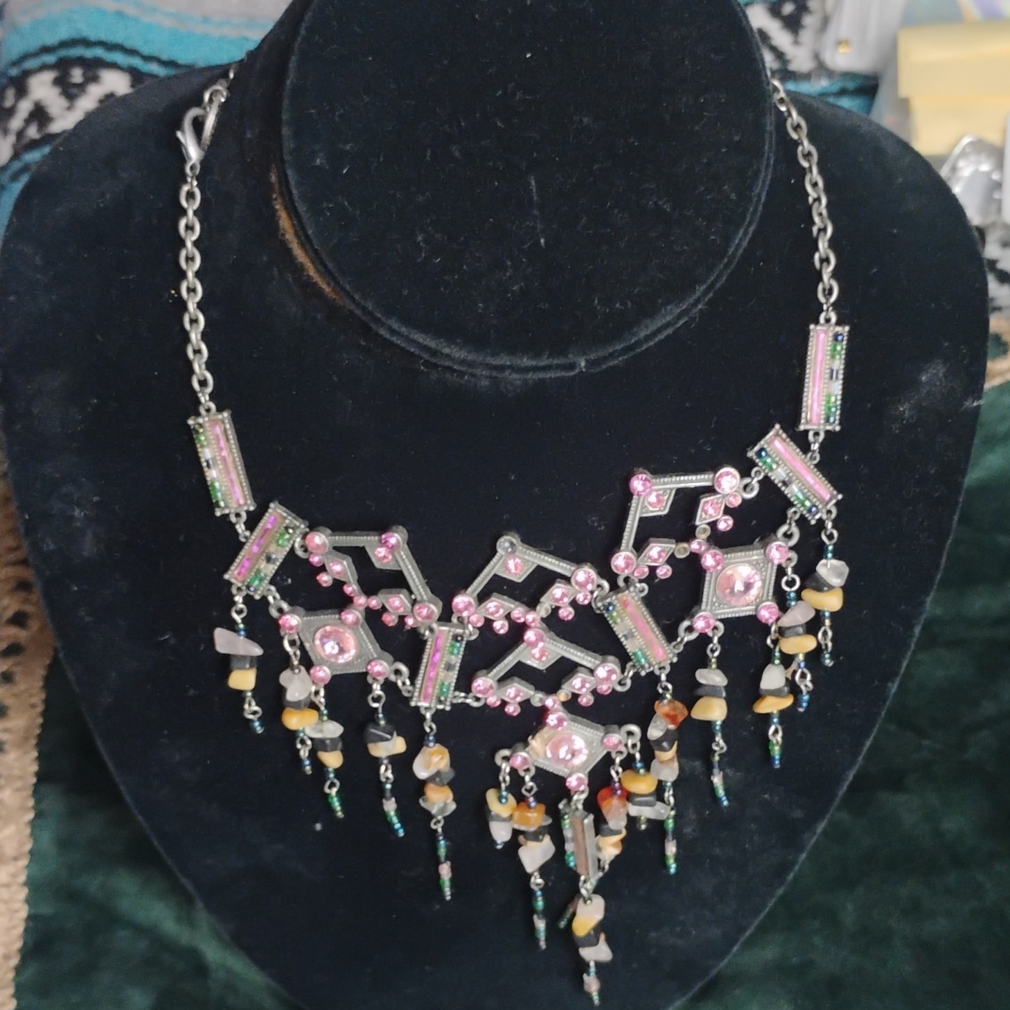 Silver Tone Art Deco Bib Statement Necklace, Pink Crystals Bead Dangles