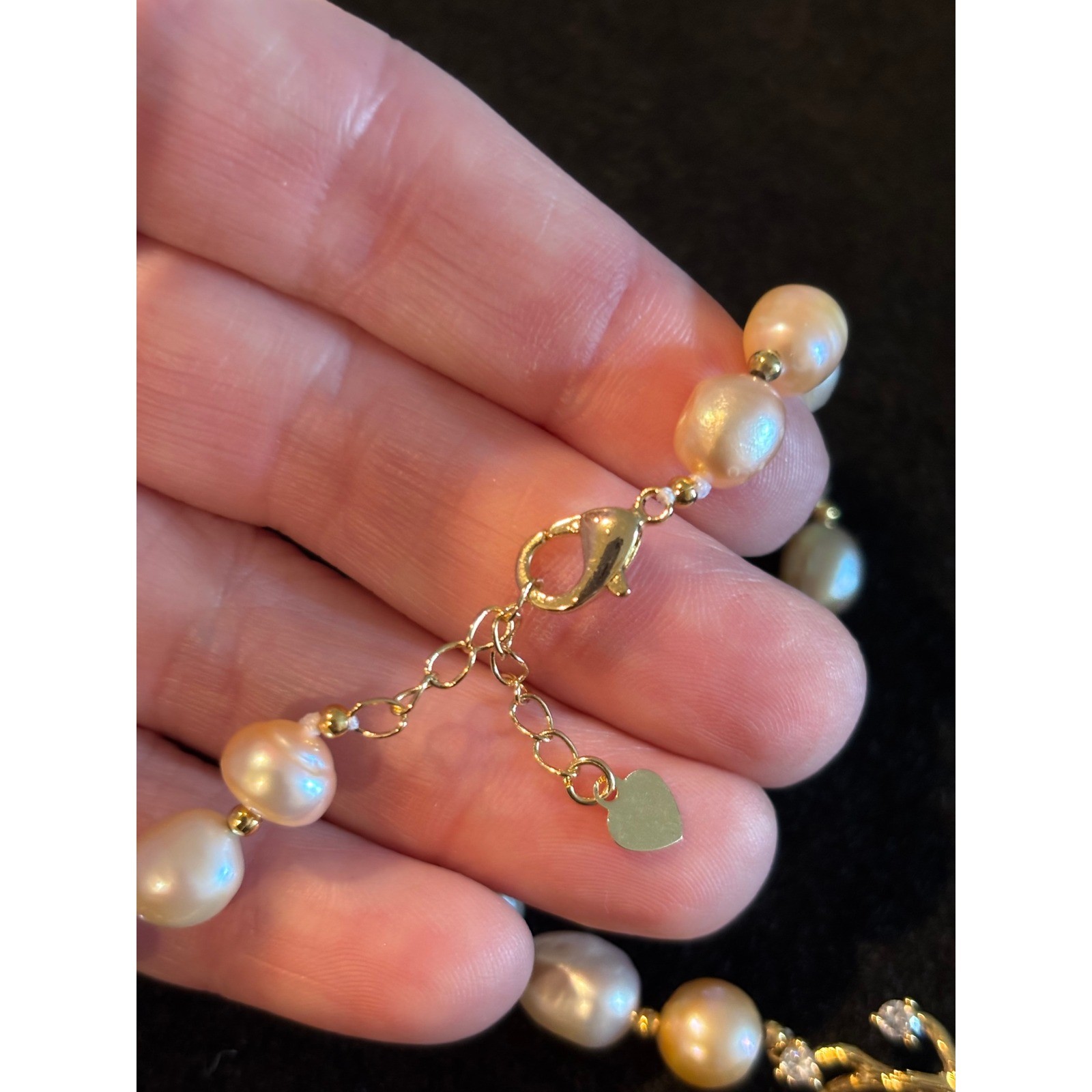 Baroque Pearl Antler Necklace Gold Tone Crystal Accents Champagne Pink Cream