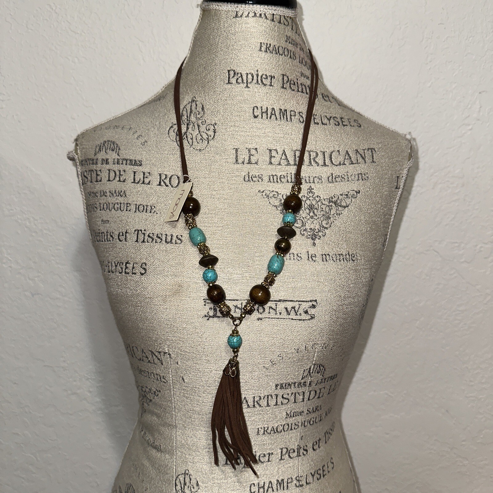 Macys Boho Turquoise Wood Bead Tassel Necklace Suede Cord Western Statement