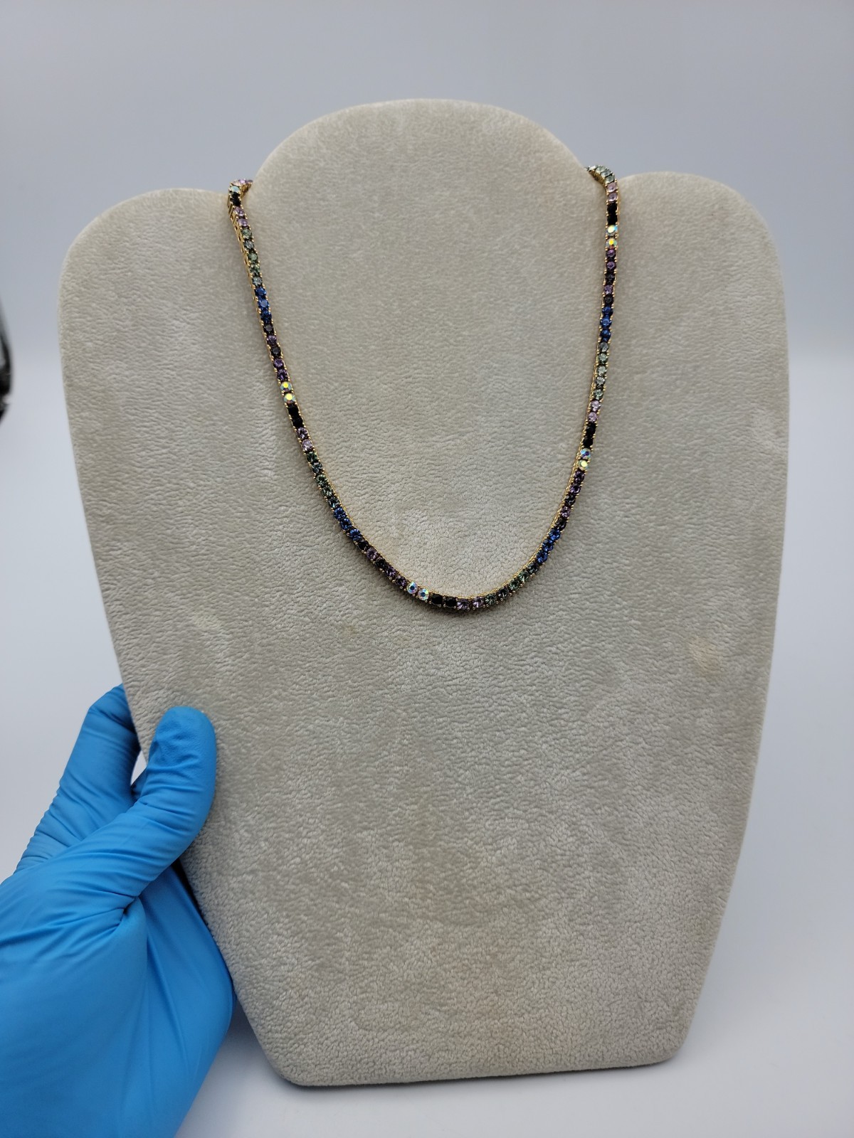 Baublebar Tennis Necklace Blue Purple Rhinestones Gold Tone 16.5″-19.5″
