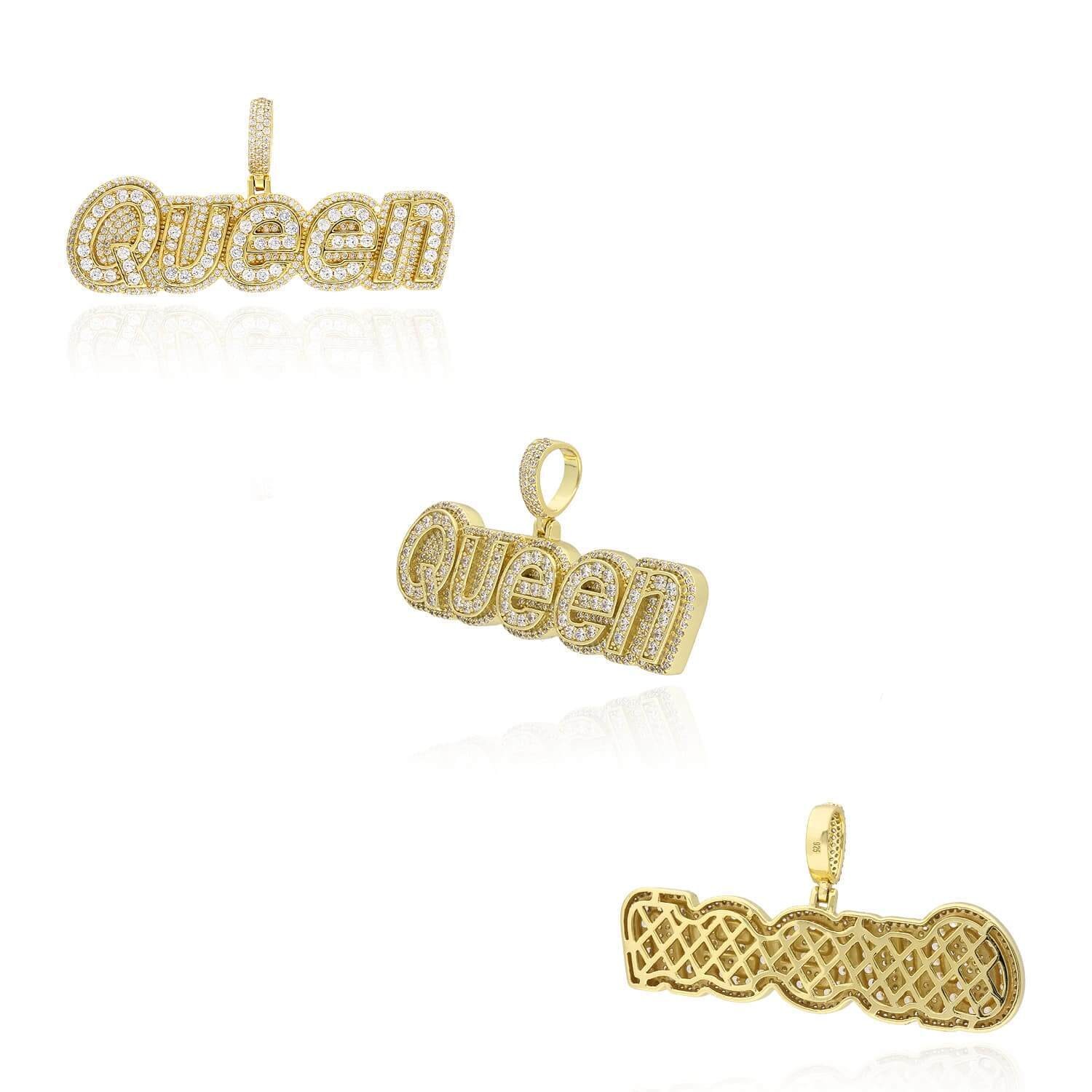 18K Yellow Gold Over Silver CZ Pave QUEEN Charm Pendant