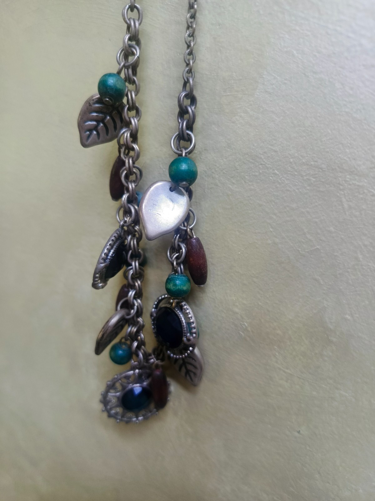 Vintage Boho Statement Charm Necklace Antique Bronze Leaf Beads Gemstone Pendant