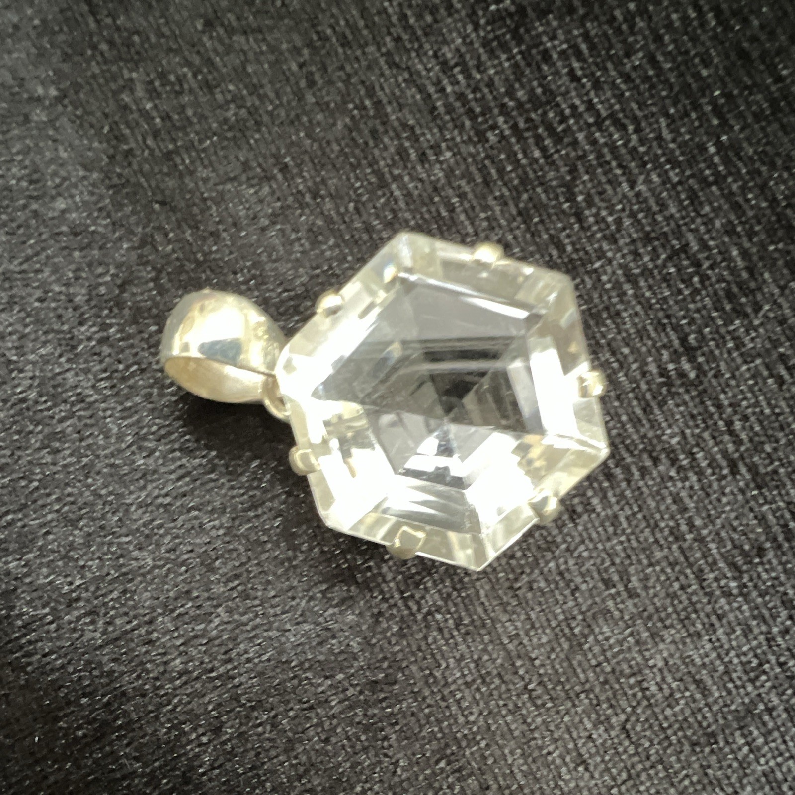 925 Silver White topaz Hexagon Charm Pendant, Prong Set Faceted Stone