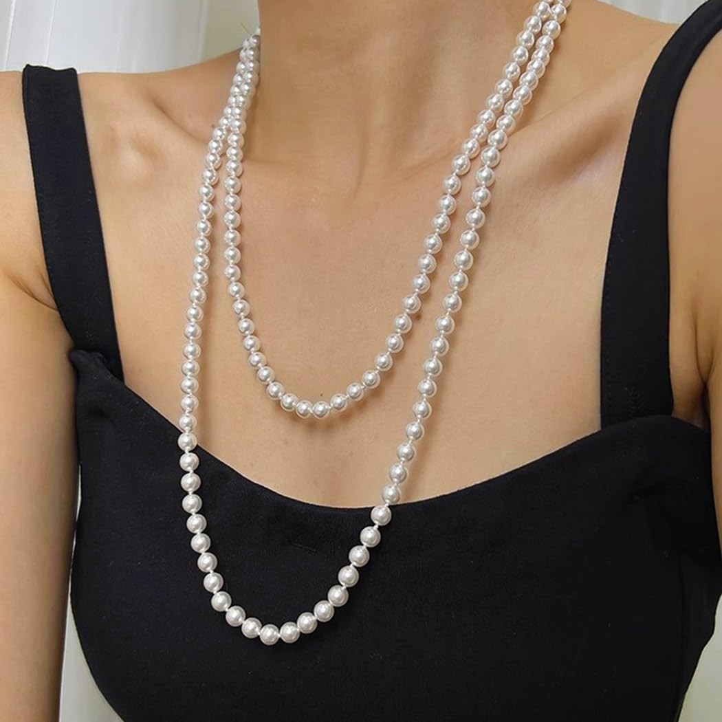 Long Pearl Necklaces for Women Faux Pearl Strand Necklace Statement Beaded Ne…