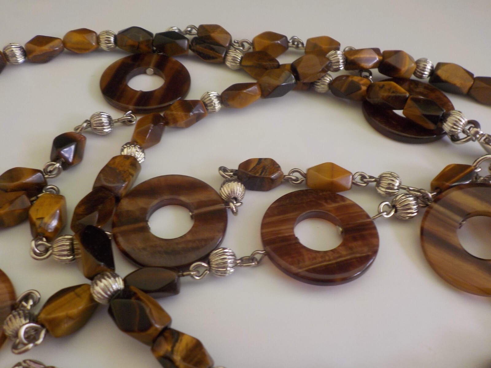 Tiger’s Eye & Plastic Round Double Strand Bead Necklace Long Brown Faceted