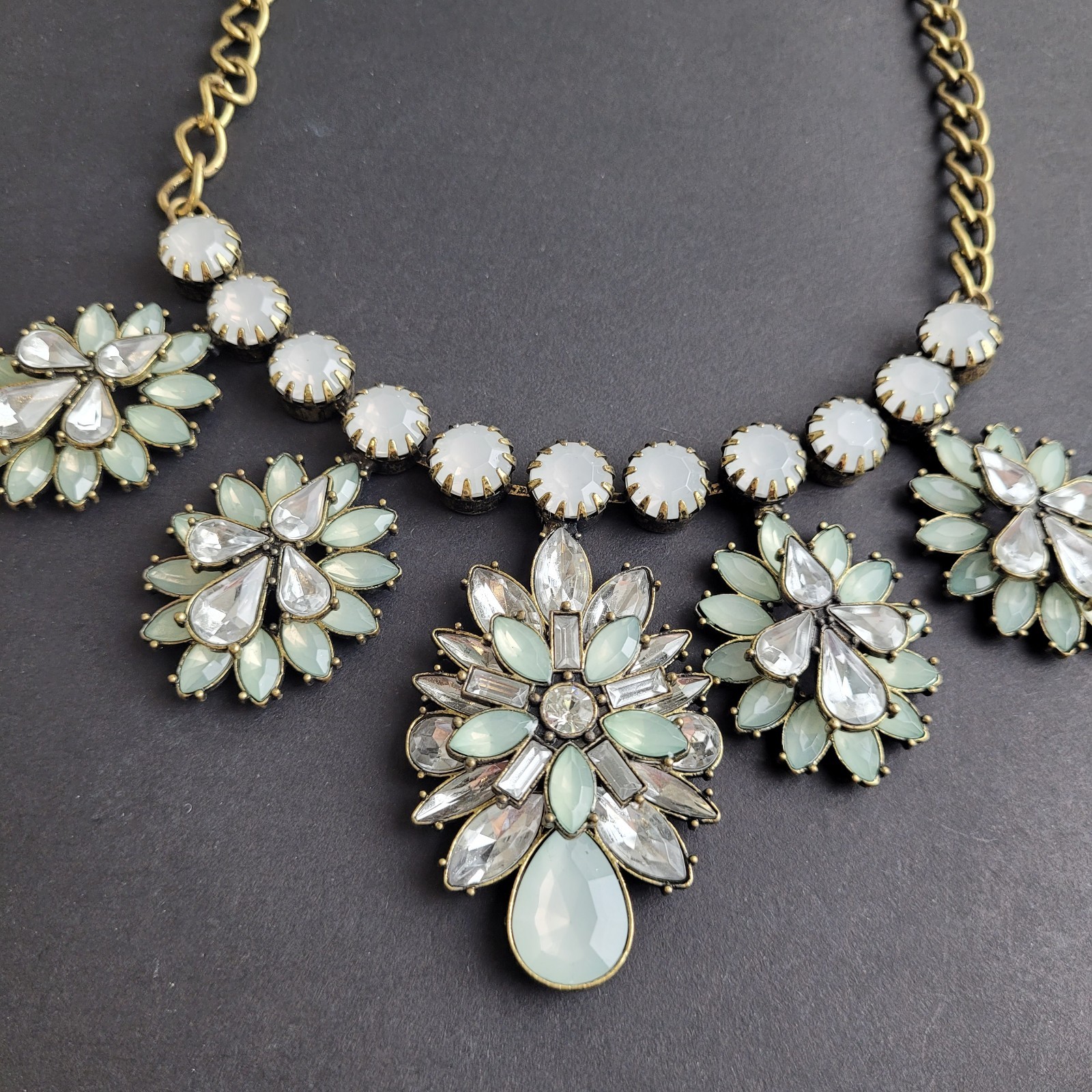 Acrylic Rhinestone Statement Necklace Light Green and Smoky Clear Floral 19″