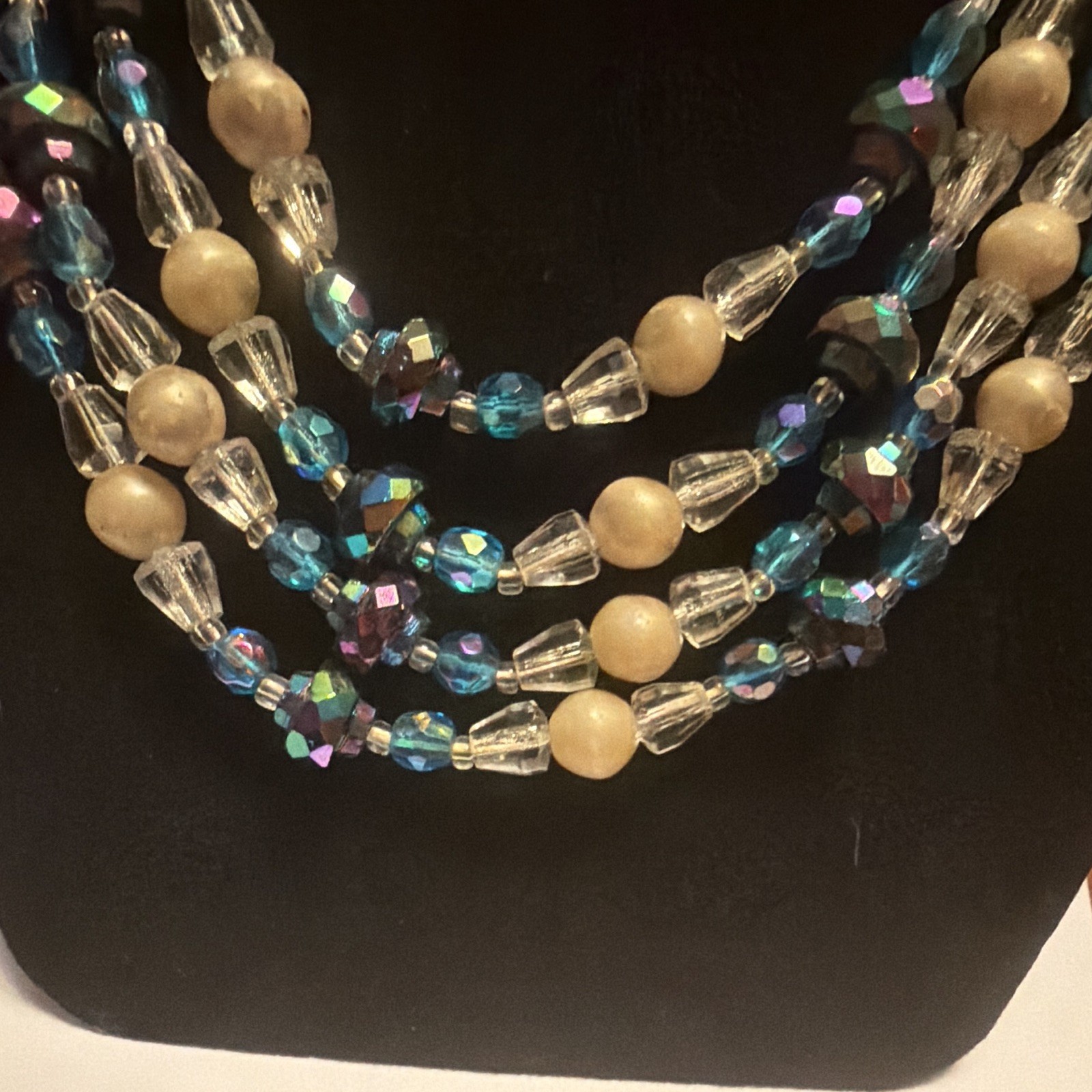 Vintage Multi-Strand Layered Blue Clear Crystal & Cream Imitation Pearl Necklace
