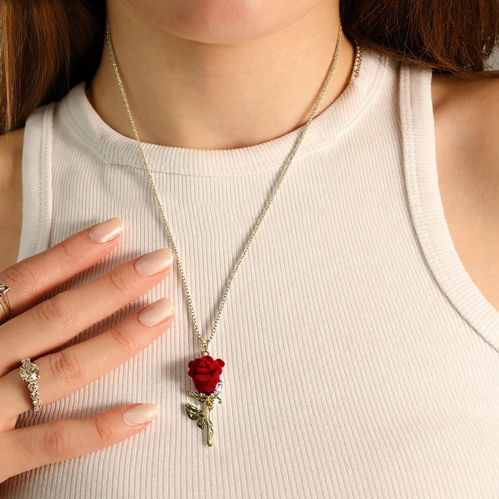 Valentines Day Gift Red Rose Necklace for Women Dainty Gold Flower Gift