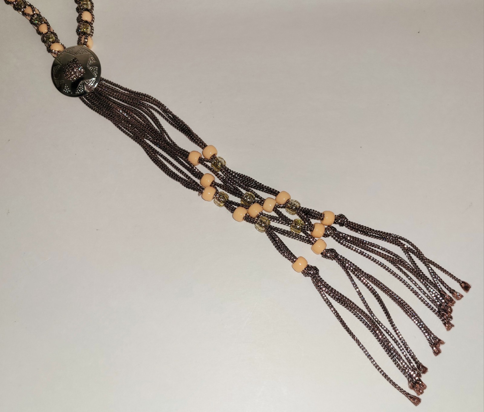 Vintage Western Bolo Tie Brown Silver Cord Silver Tone Concho Beaded Necklace