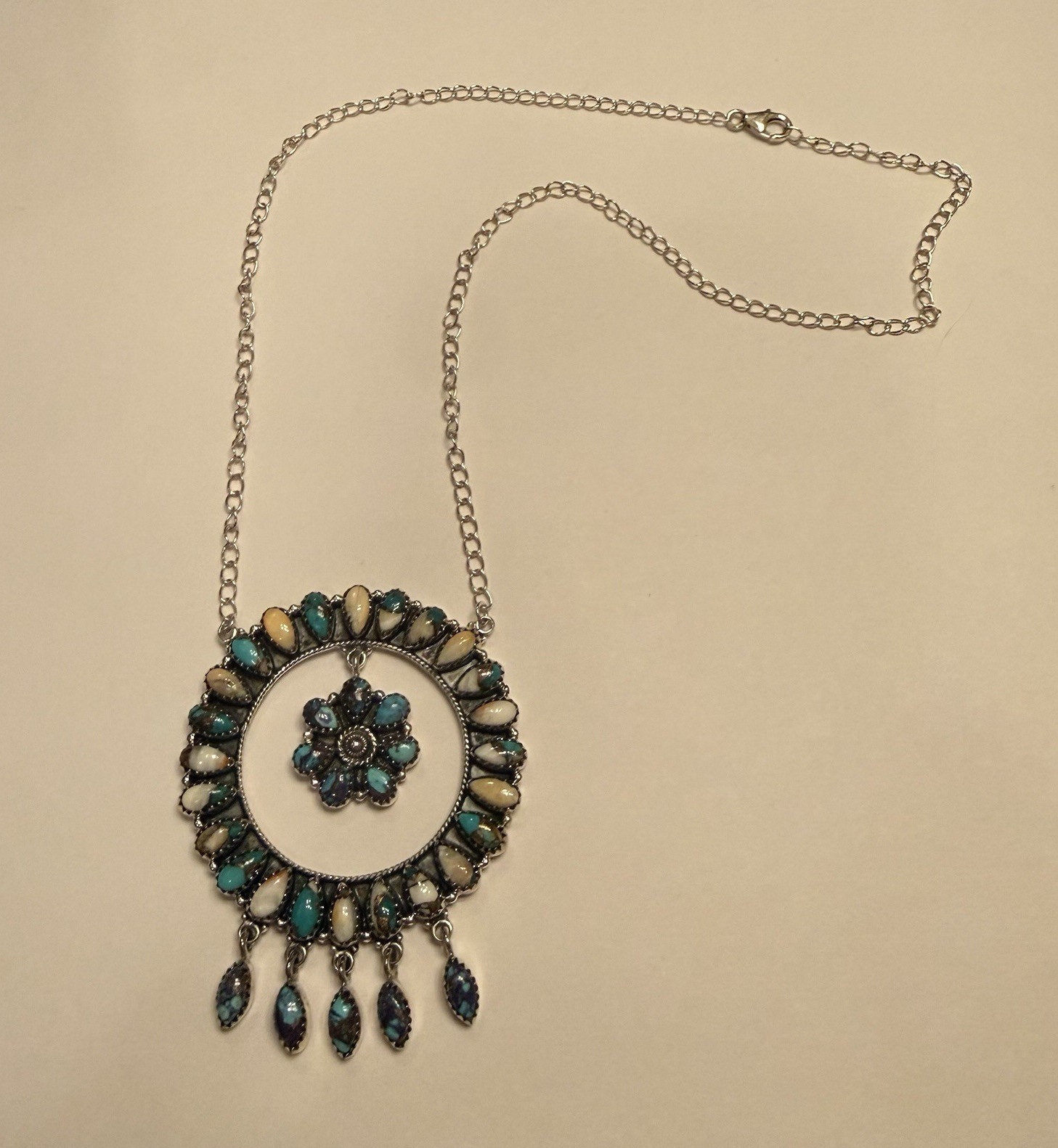 Turquoise Spiny Oyster Necklace Sterling Silver Adjustable 22” @ Longest