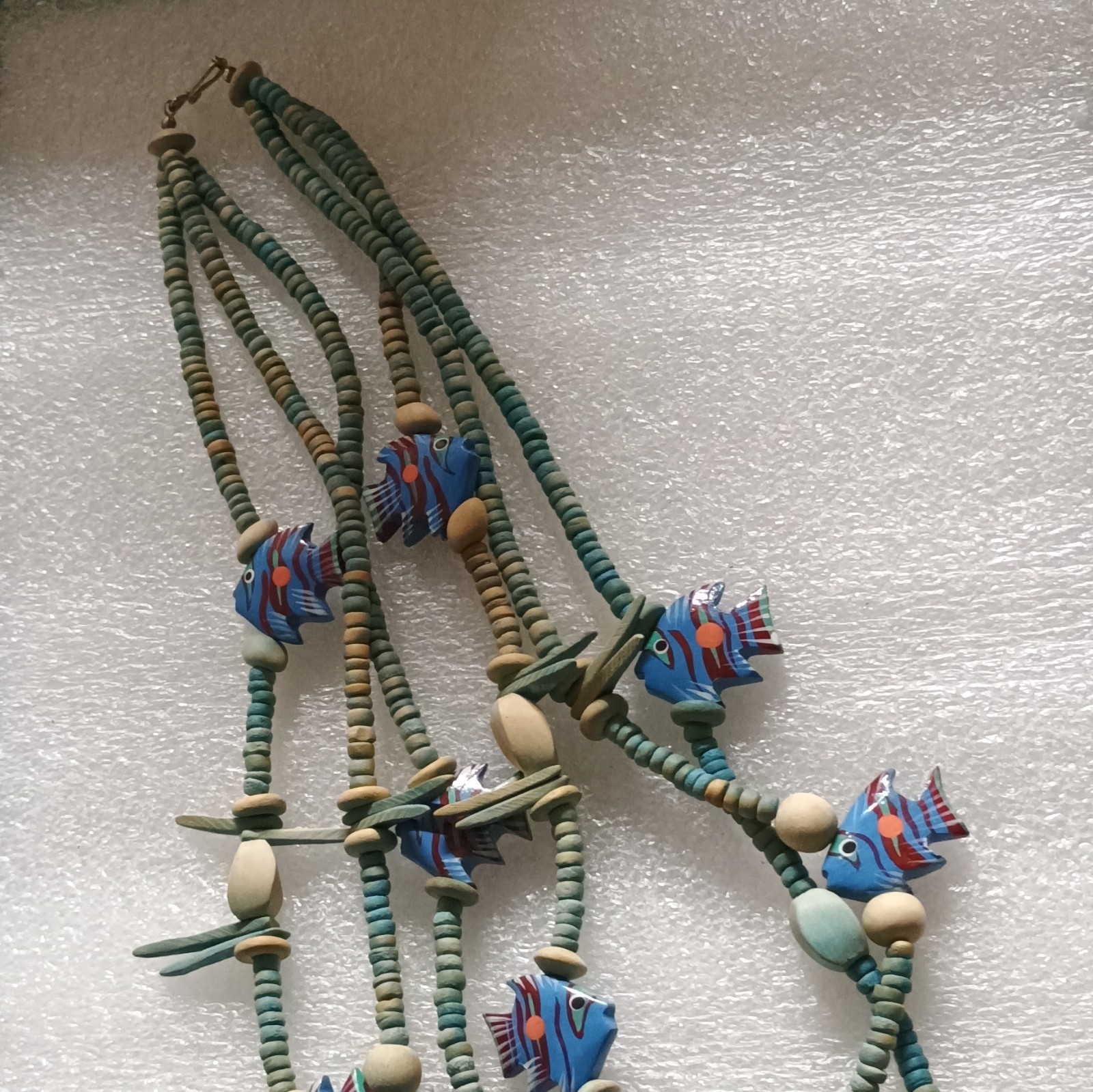 Multi-Strand Multicolor Beaded Necklace Blue Fish Charms Wood Metal Hook Closure
