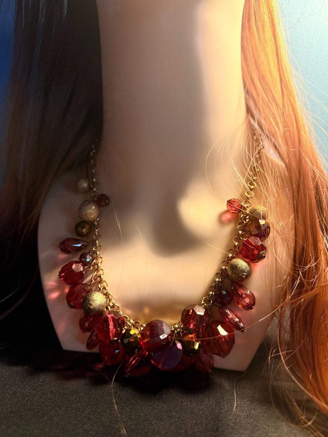 Chico’s Goldtone Cluster Necklace with Red Faceted Beads and Matte Gold Spheres