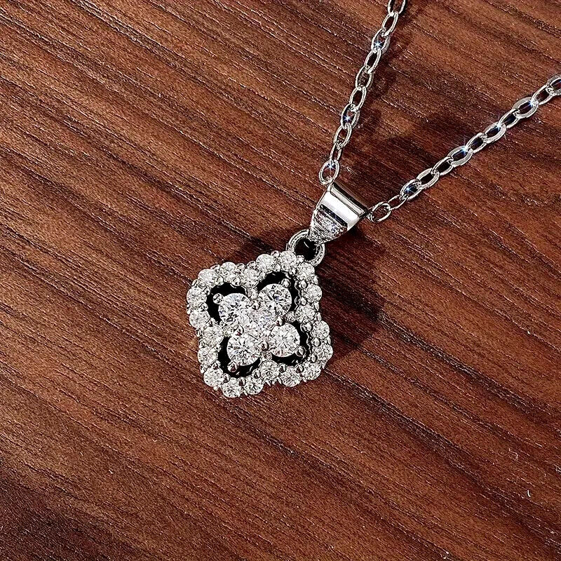 Simple Design Four Leaf Clover Crystal Pendant Necklace Silver Plated Trendy New