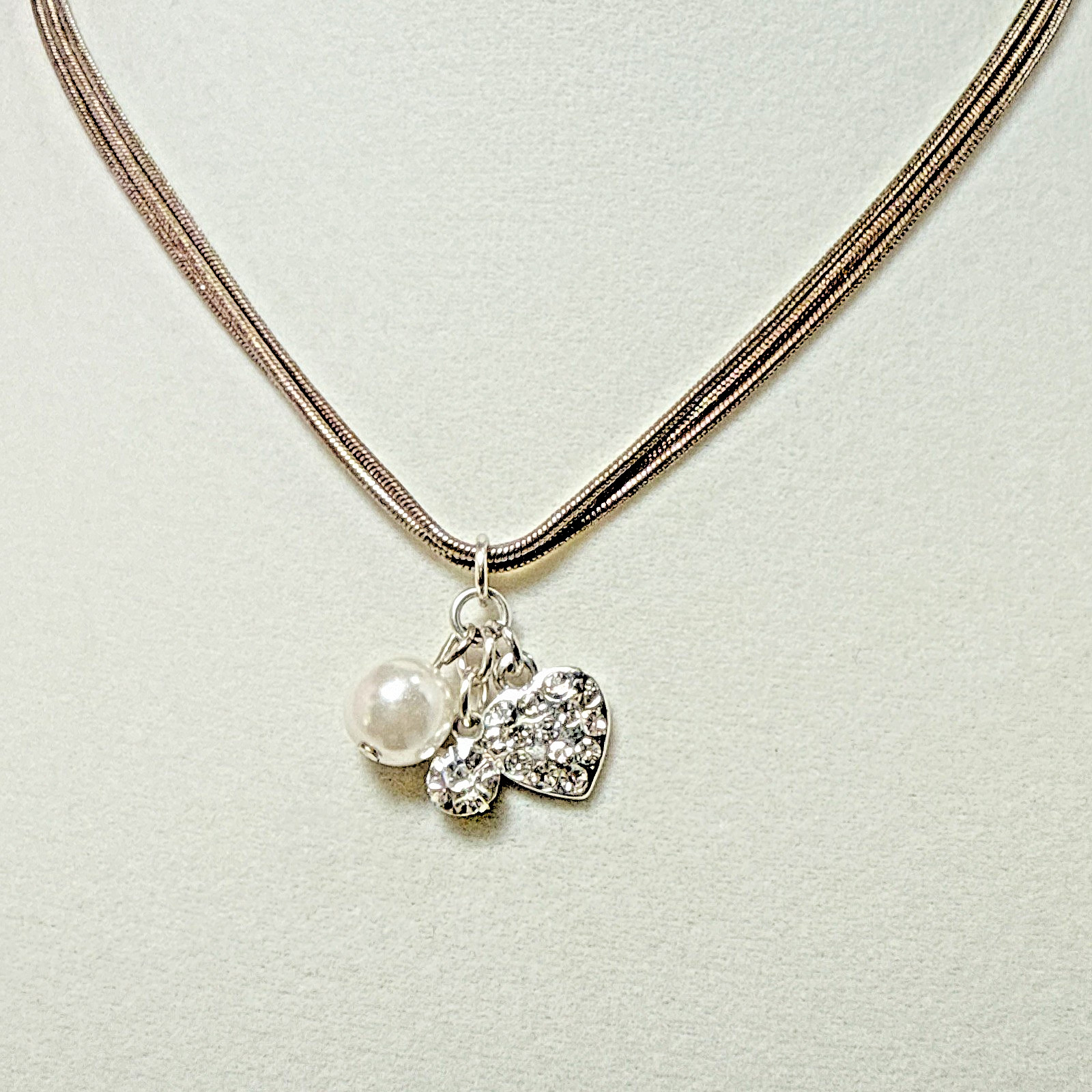 Silver Tone Multi Strand Snake Chain Heart Pearl Clear Rhinestone Cluster Neckla