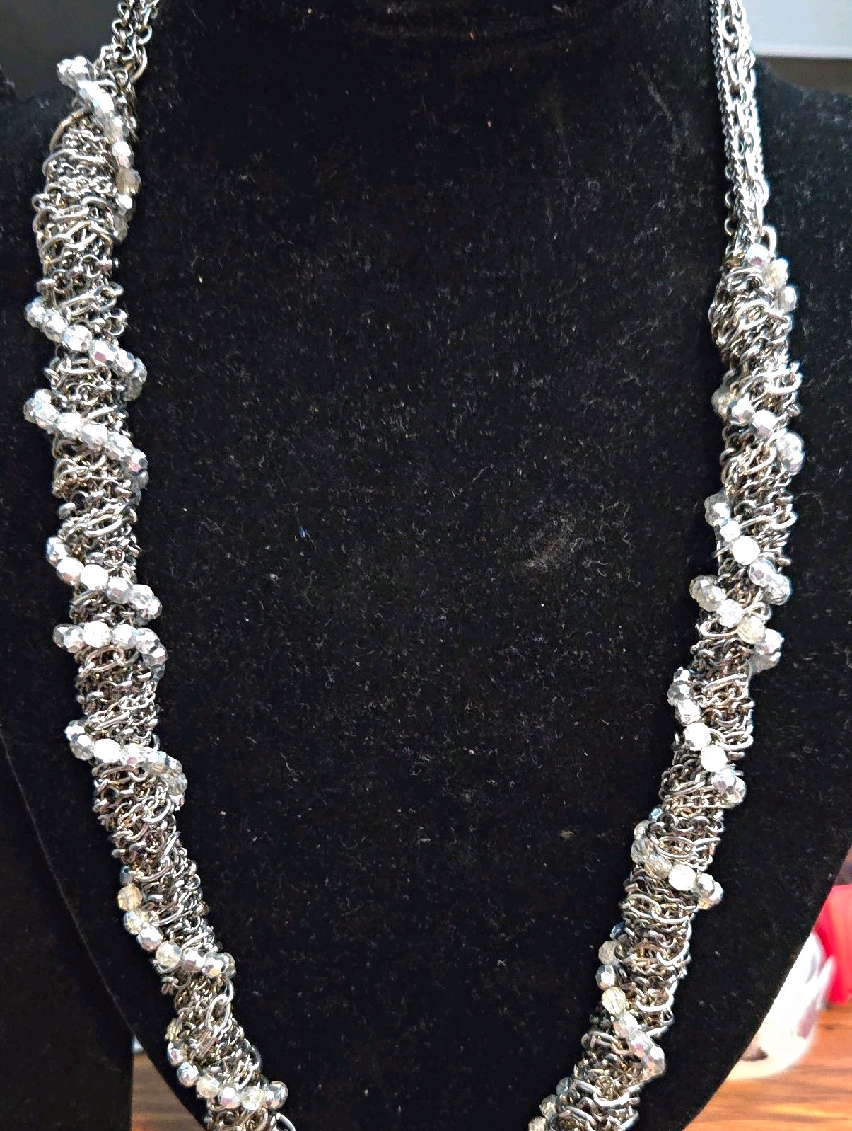Silver Tone Cable Chain Statement Necklace Clear Round Crystal Beads 28″