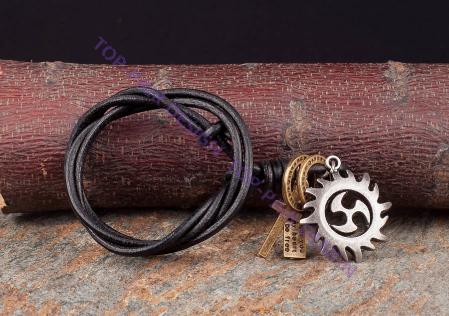 Adjustable Black Fire Sun Pendant Men’s Genuine Leather Cord Collar Necklace