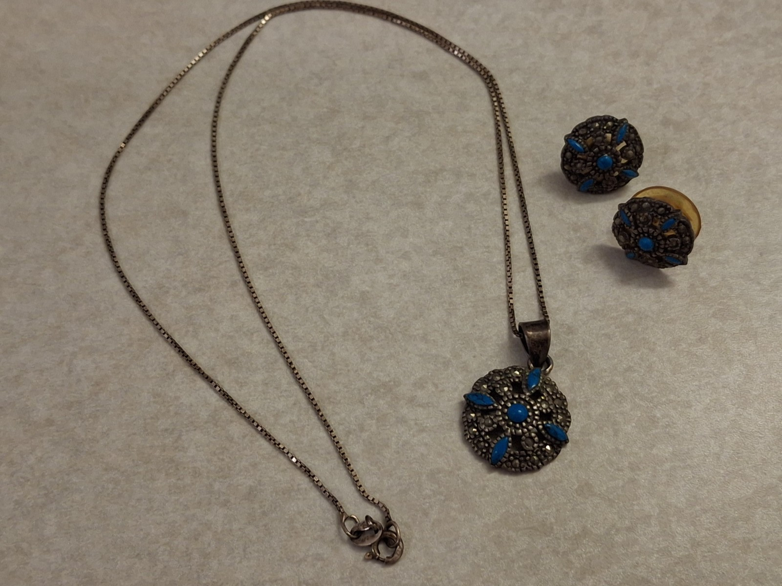 Vintage JC 925 Italy Silver Necklace & Earrings Set With Blue Stones Marked