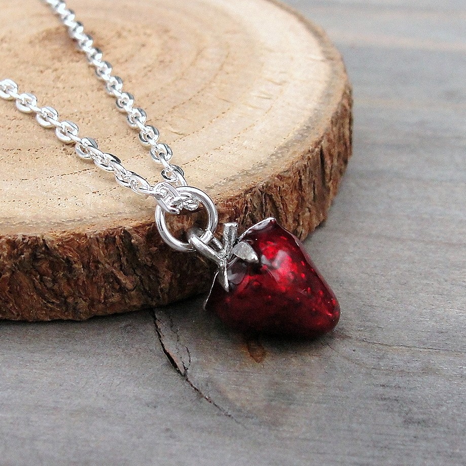 Strawberry Necklace – 3D Red Strawberry Charm – Enamel Strawberry Charm