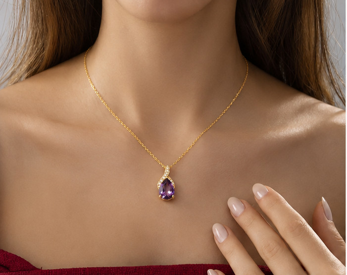 14K Yellow Gold Plated 0.75Ct Pear Cut Simulated Amethyst Women Pendant Necklace