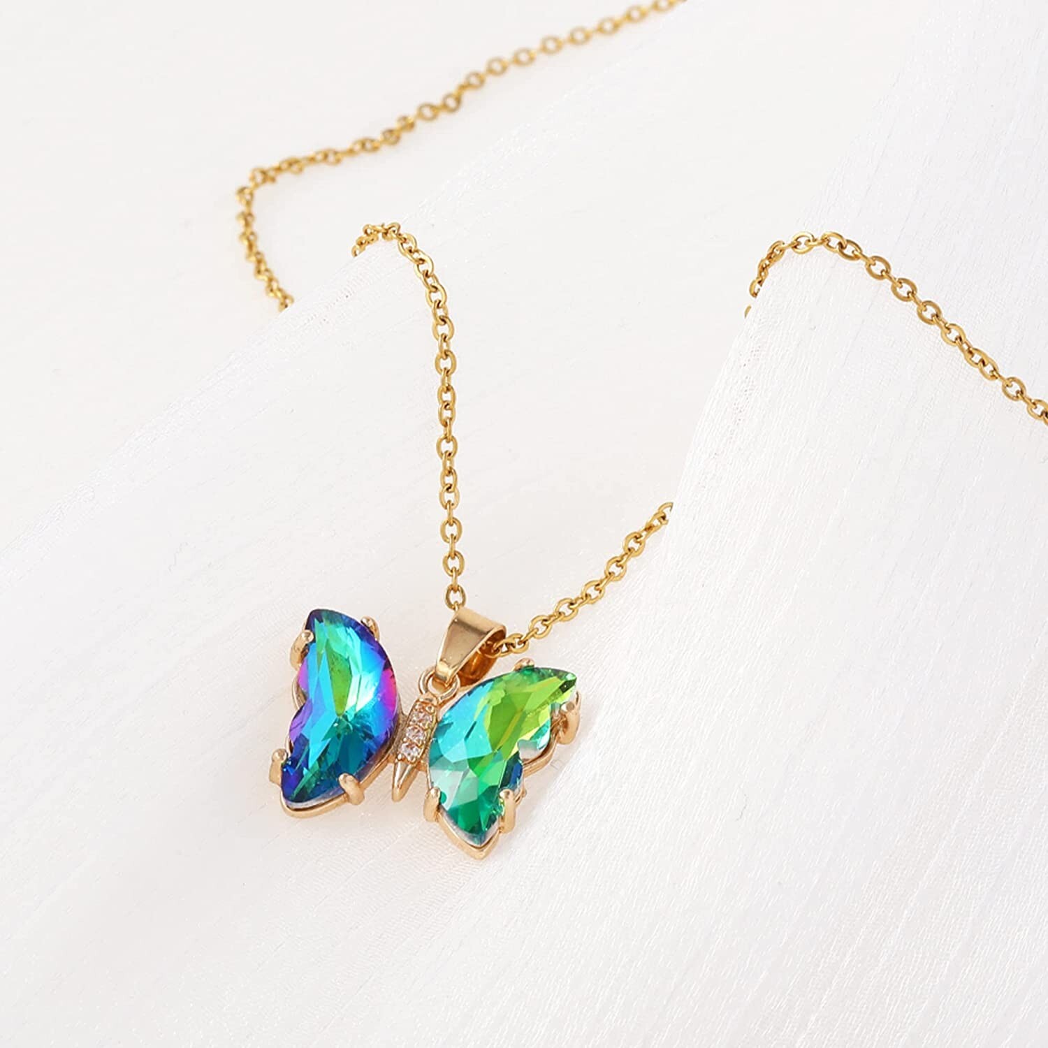 Gold & Green Crystal Butterfly Necklace, New Statement Everyday Necklace, Gift