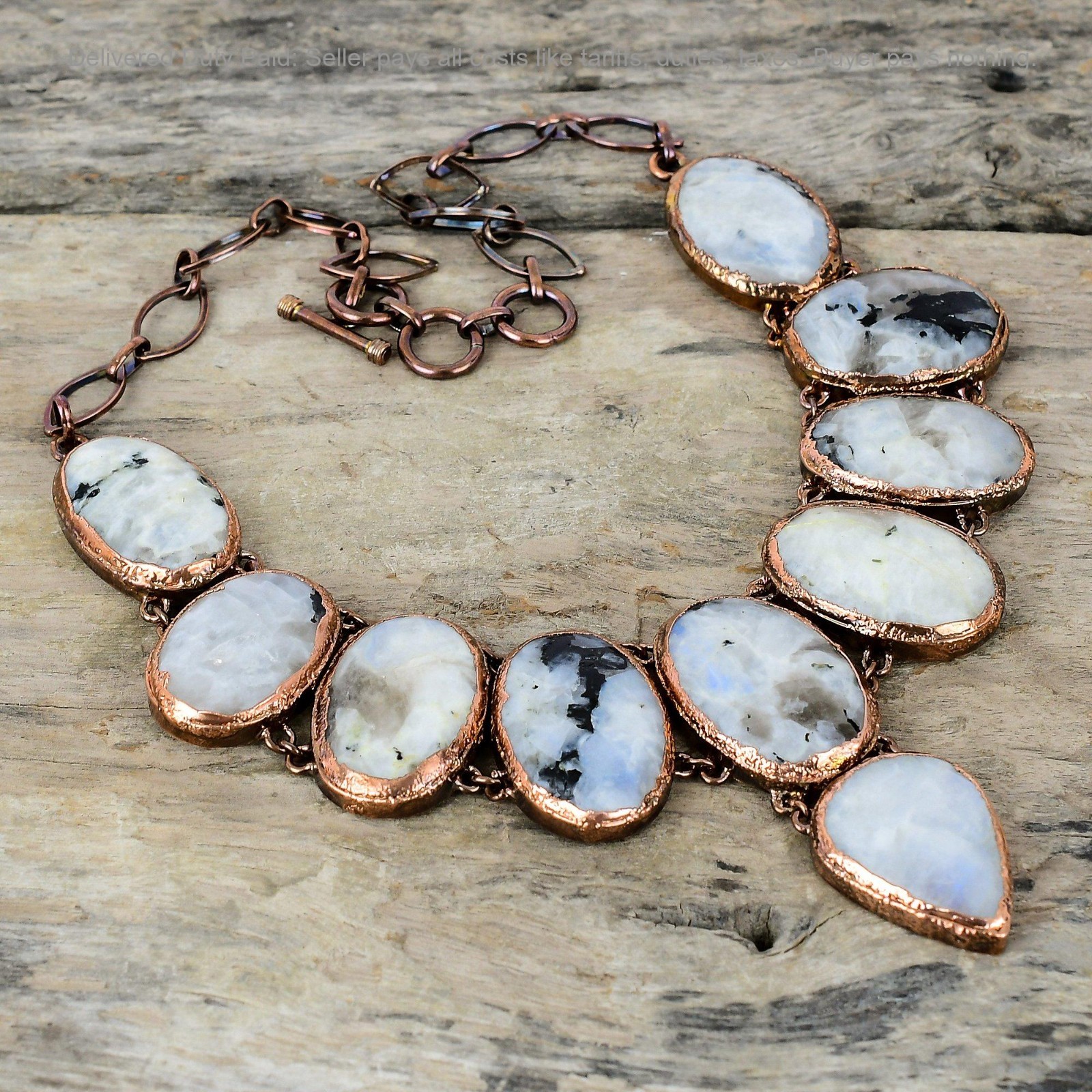 Copper Oval Rainbow Moonstone Stone Mother Chain Electroformed Necklace Jewelry