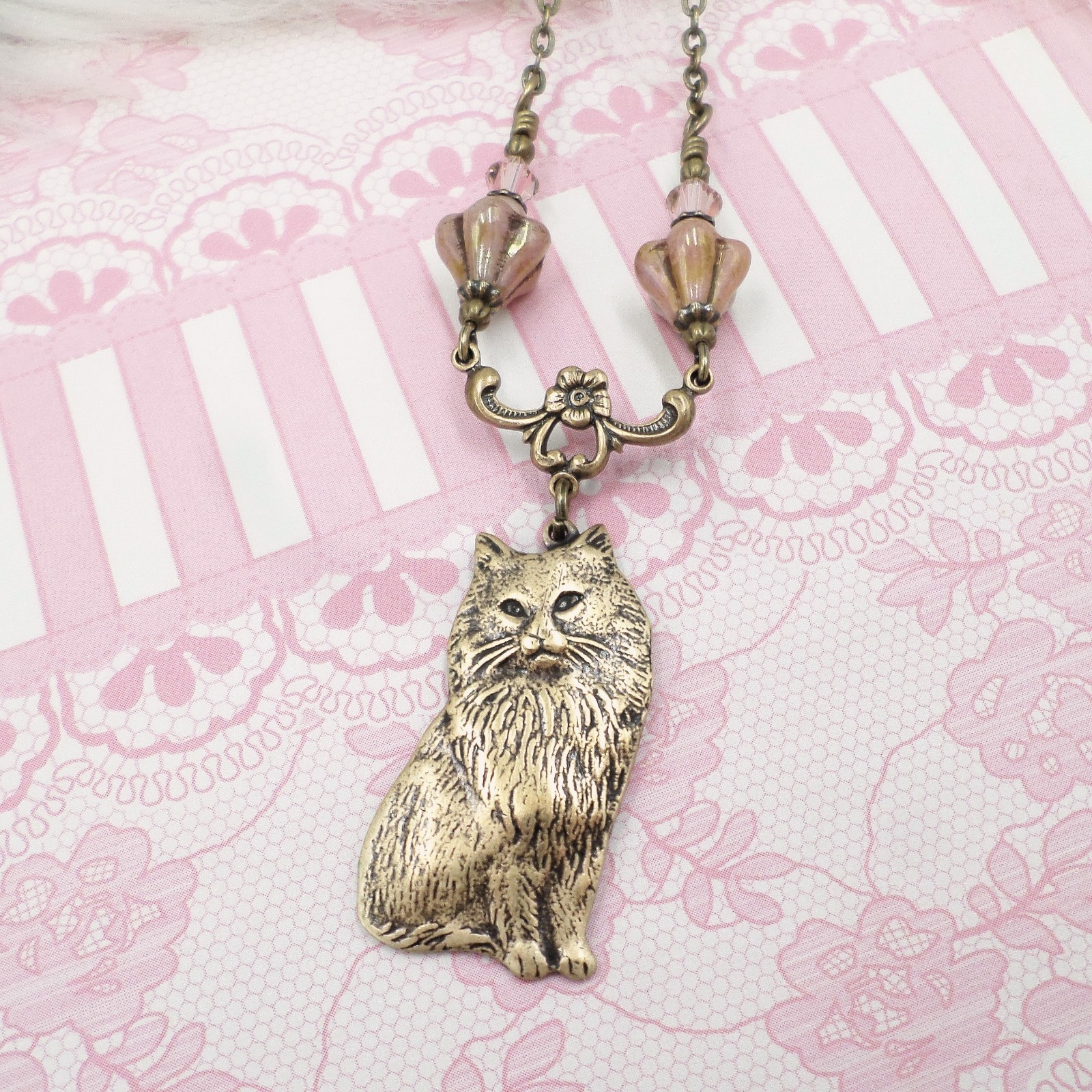 Vintage Style Cat Necklace with Pink Czech Glass Flowers, Antique Brass Handmade