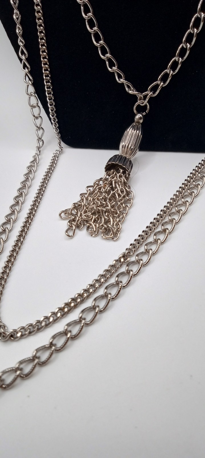Tassel Silver Tone Necklace, 18″ Layered w/ 2 Longer Curb chains, Stylish