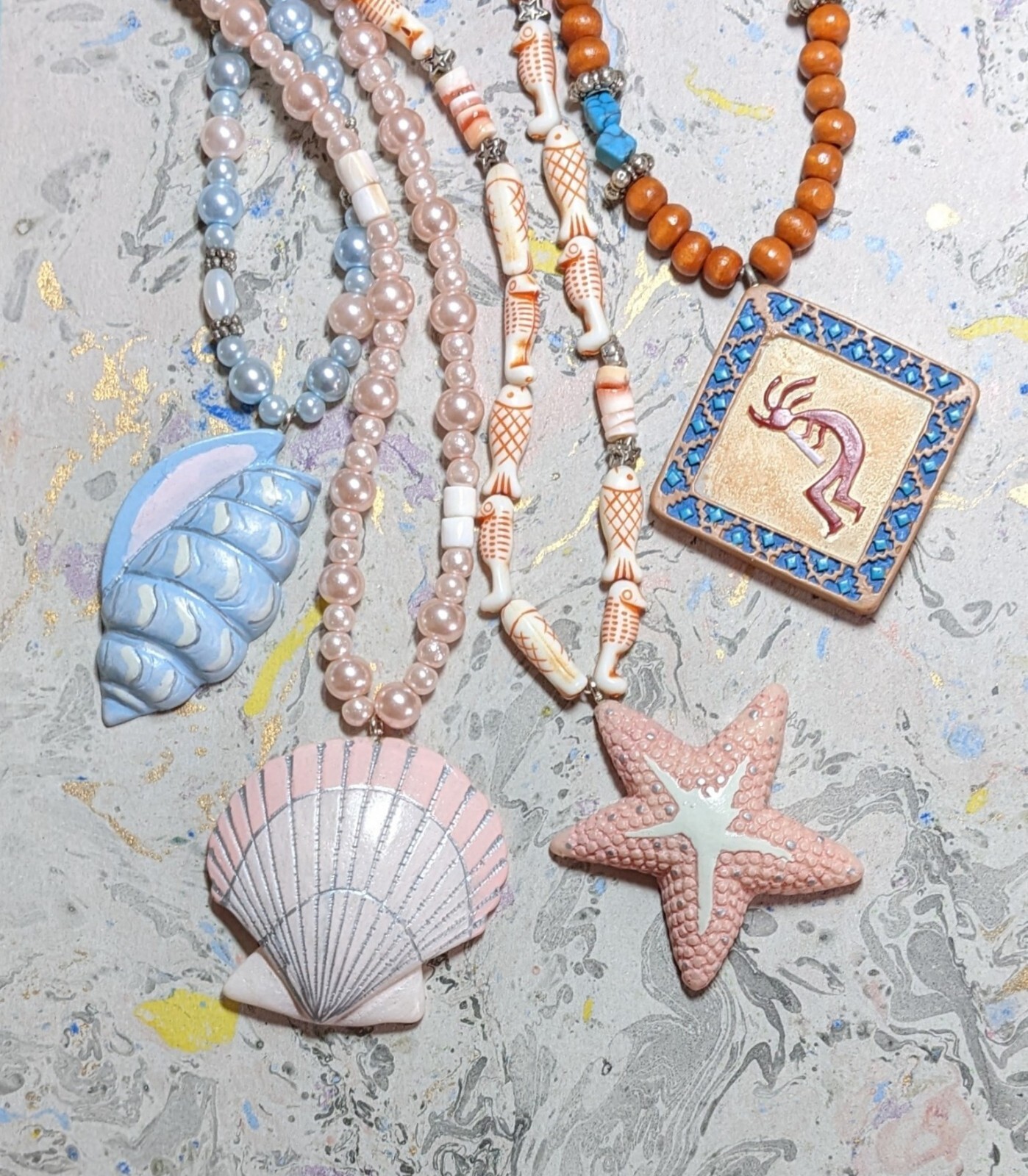 Teen Necklace Lot of 6 Star Fish Sea shell Kokopelli Beaded Jewelry
