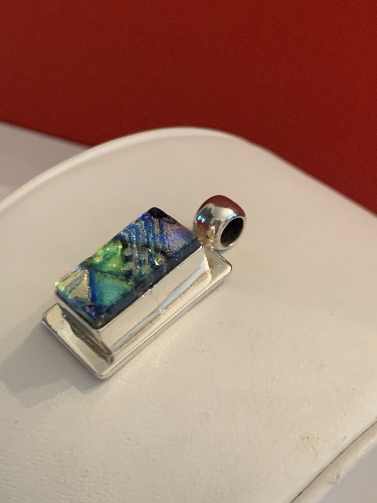 Vtg. Multi Color Dichroic Glass .925 Sterling Silver Pendant Rectangle- BinM