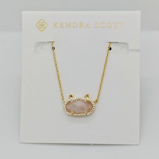 New Kendra Scott Elisa Gold Cat Kitty Pendant Necklace In Pink Quartz