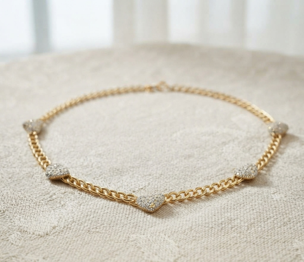 Gold Tone Heart Chain Necklace with CZ Pave Heart Charm Women’s Statement Jewel