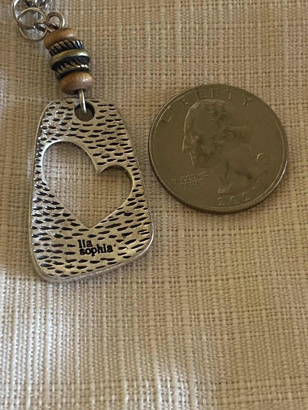 Lia Sophia Heart Pendant Necklace Silver Tone Wood Bead Boho Cottagecore