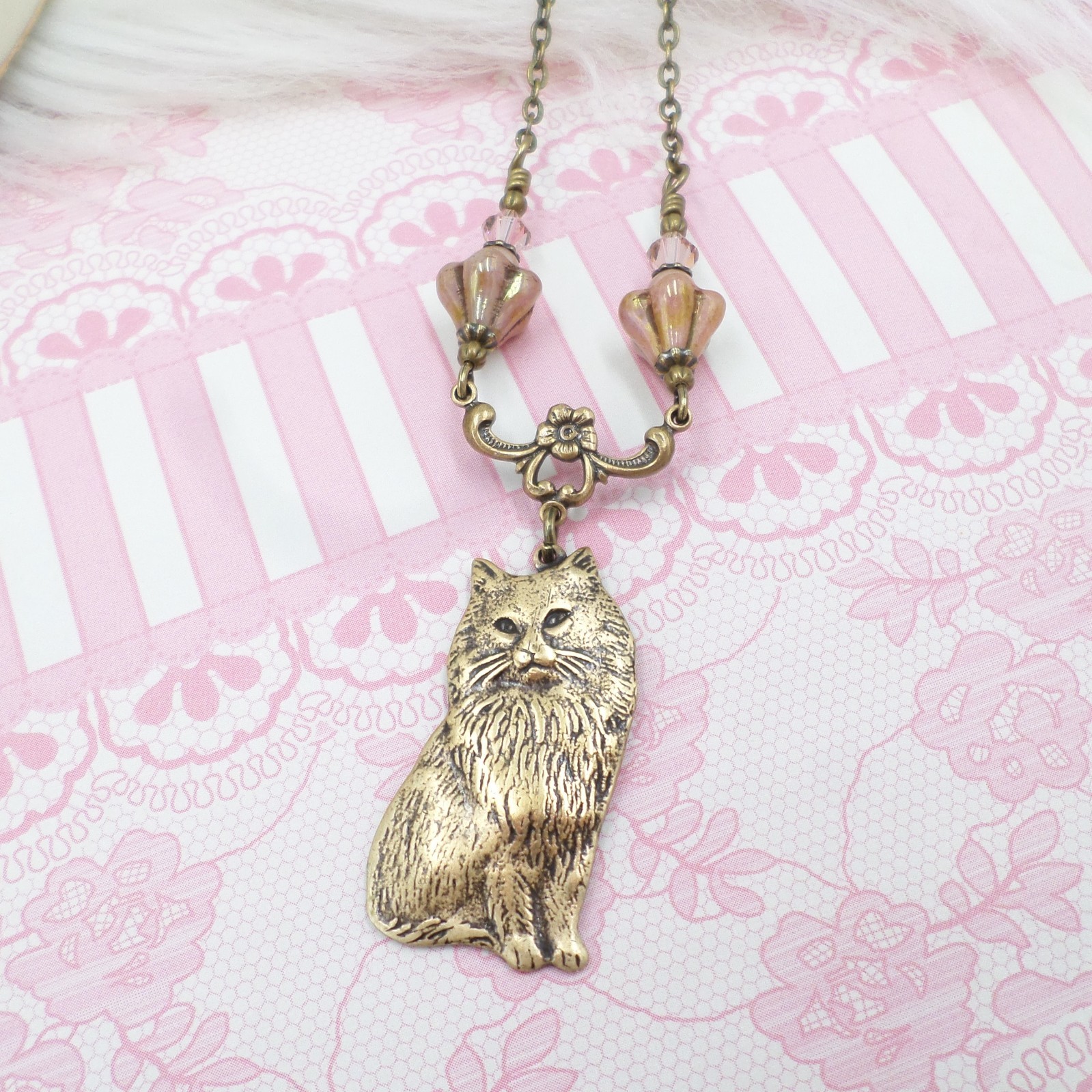 Vintage Style Cat Necklace with Pink Czech Glass Flowers, Antique Brass Handmade