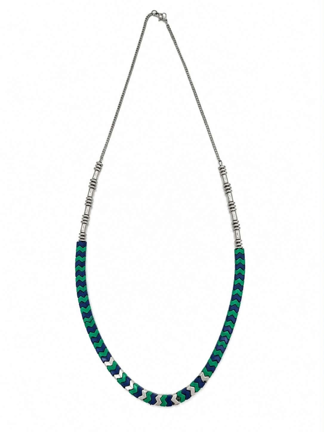 Pre-Owned 45cm Blue Green Chevron Beaded Necklace Silver Tone Fashion Jewelry