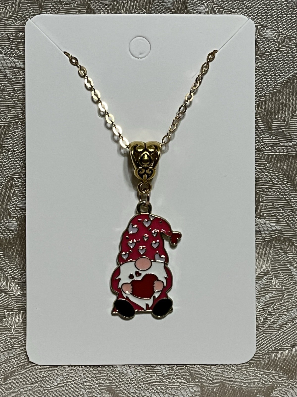 Valentine Heart Love Kiss Gnome Enamel Gold Boho Trendy Adorable Necklace 18”