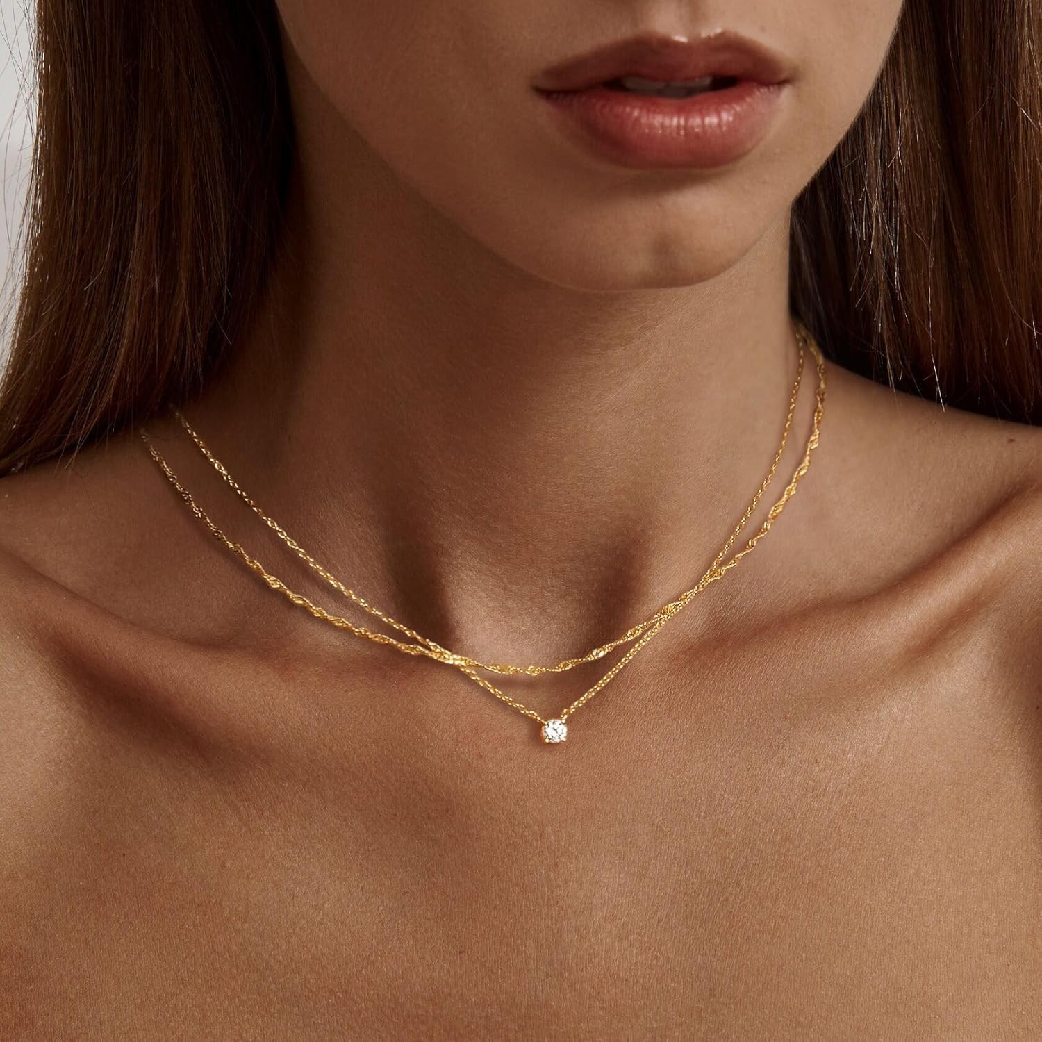 Stunning Dainty Layered Chain 14k Gold Plated CZ Necklace for Special Occasions