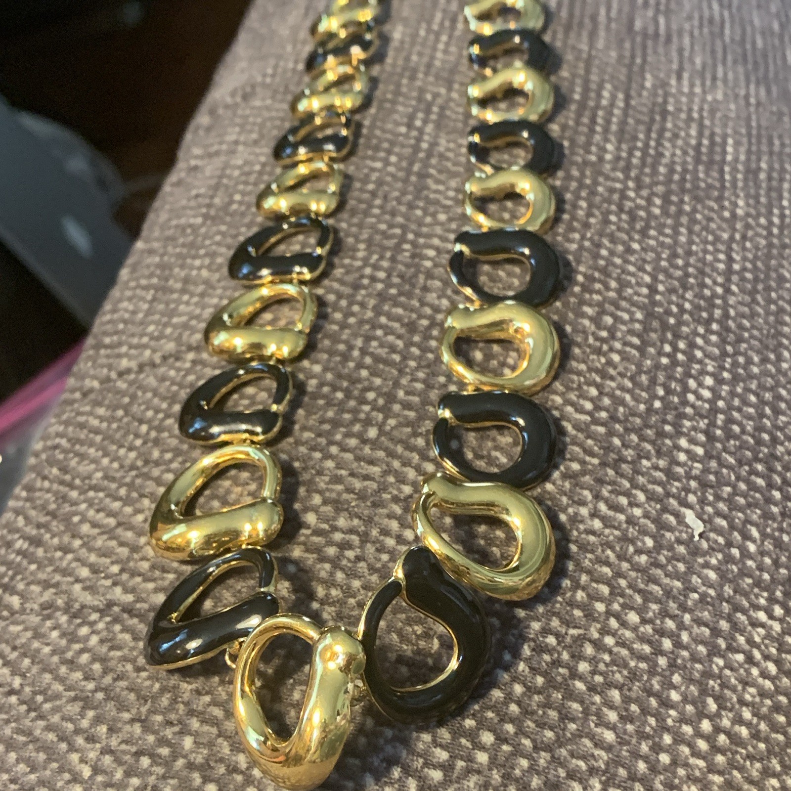 Monet Gold Tone & Black Enamel Oval Link Chain Necklace Hook Closure-new cond.