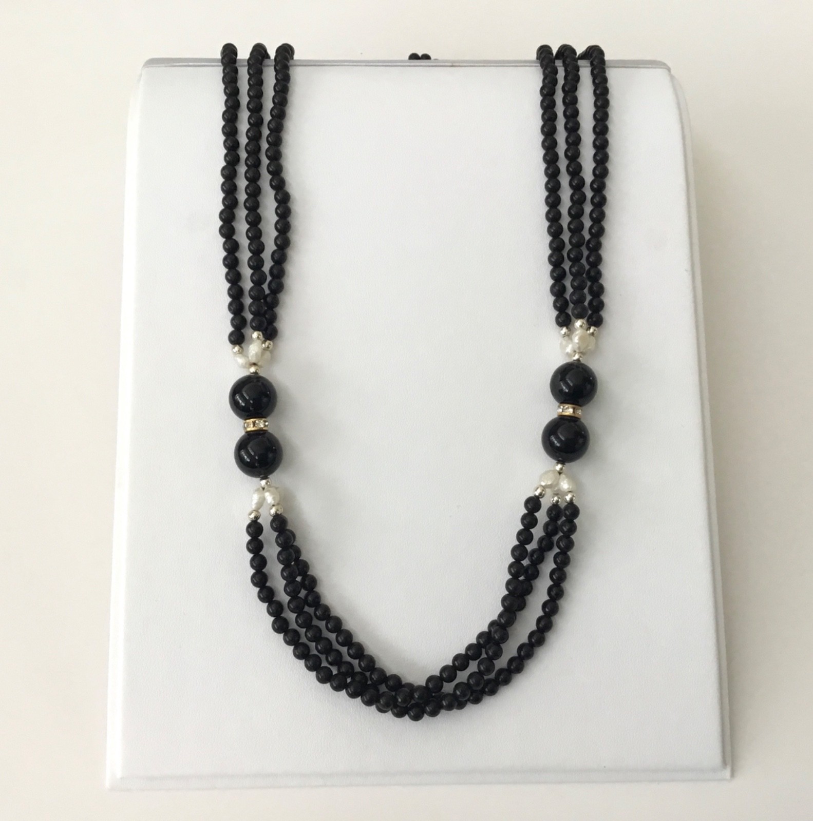 Special Black Onyx W/ Freshwater Pearl 3 strand 27 in Long Necklace NEW